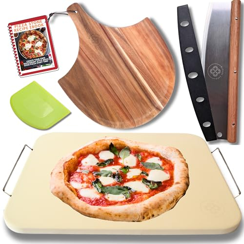 Juego de 5 piezas de piedra para pizza para horno y parrilla, con piedra de pizza de 15 pulgadas con asas, pala de pizza, cortador, herramienta de masa, piedra para hornear pan, piedras rectangulares