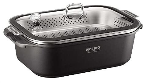 Meisterkoch Profi-Bräter 7,5 L mit Glasdeckel, eckig, schwarzer Alu-Guss | Induktion-geeignet mit Dämpfeinsatz, backofengeeignet bis 300°C, spülmaschinengeeignet, für Küche, Bratenthermometer