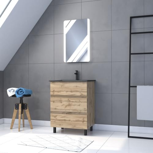 Aurlane Bathroom Set, Wood Aluminium Ceramic Glass, Natural Oak/White, 60 x 80 cm