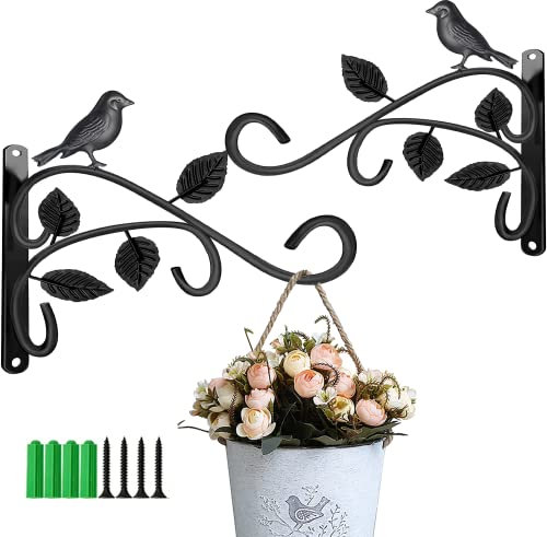 2 Pack Heavy Duty Plant Hanger Brackets - 12 Inch Rustproof Iron Wall Hooks for Hanging Baskets, Bird Feeders & Lanterns - Outdoor Indoor Use on Fence, Porch, Balcony (Black)