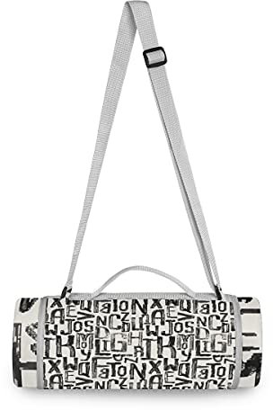 Englisches Alphabet Kunst Schwarz Weiß Picknickdecke wasserdicht Kreative Runde Picknick-Matte Kampierende Strand Yoga Decken Matten im Freien Faltbar Leicht Matte Decke mit Tragegriff(148cm x 148cm)
