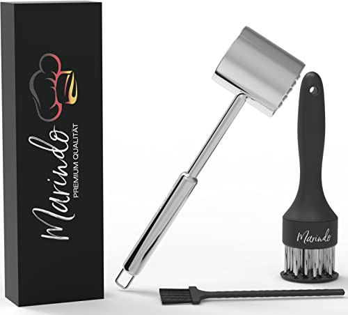 Marindo Juego de ablandador de Carne de Acero Inoxidable | Ablandador de Carne, ablandador de Carne y Cepillo de Limpieza | Martillo de Doble Cara para Carne | Apto para lavavajillas