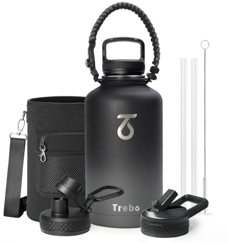 Trebo 2 L Edelstahl Trinkflasche Isoliert mit Paracord-Griff & 3 Deckeln | Große Metall Wasserflasche mit Strohhalm, Drei-Wand-Vakuum Isolierflasche, 48 Stunden kalt 24 Stunden heiß, Spülmaschinenfest