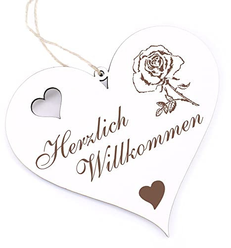 Herzlich Willkommen Schild - Rose - Deko Herz Holz Willkommensschild Türschild Dekoschild Türdeko