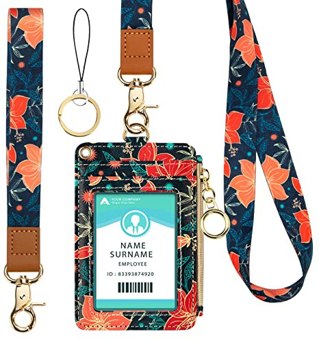 Ausweishülle mit Band, Ausweishalter Ausziehbar, PU Leder ID Card Holder mit Reißverschlusstasche für Personalausweis, Studentenausweis und Busfahrkarte(Red Flower)