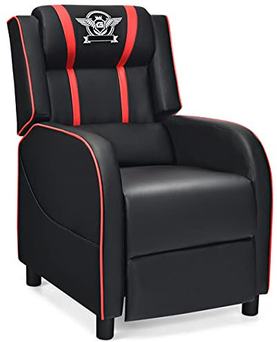 COSTWAY Gaming Chair, Adjustable Racing Style Gaming Recliner Armchair with Footrest, Headrest and Lumbar Support, Ergonomic PU Leather Office Lounge Sofa Home Theater Seating (Black+Red)