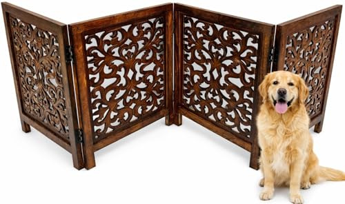 Free Standing Dog Gate – 4 Panel Foldable Wooden pet gate Indoor 72 W x 24 H, Hand-Carved Solid Wood & MDF, Portable Indoor Gate for Doorways, Halls, Stairs – Fully Assembled_Antique Brown