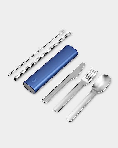 Chilly's Cutlery - Stainless Steel Utensils with Aluminium Travel Case - Knife, Fork, Spoon, & Straw - Whale Blue