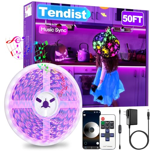 Tendist 50FT Black Light Led Strip App Control, Black Light for Glow Party with Remote, Smart Purple Neon Blacklight Strip Light Adhesive, UV Light Strip for Halloween Decor, Bedroom, Tapestry, Poster