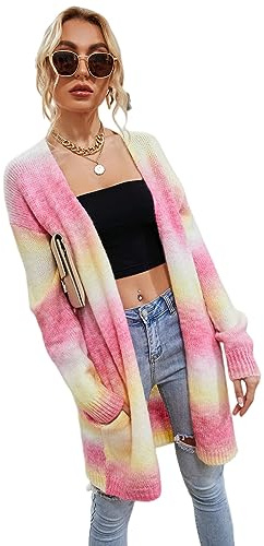 HEYPORK Damen Herbst Winter Warm Bequem Jacke Casual Mode übergangsjacke Mantel Frauen Pullover Regenbogen Mittlere Länge Strickjacke Tasche Gestrickt Jacke