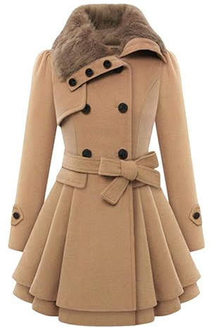 BOFETA Damen Kunstpelz Revers Wollmischung Erbsenmantel Doppelreihiger Plissierter Trenchcoat Jacke Mit Gürtel