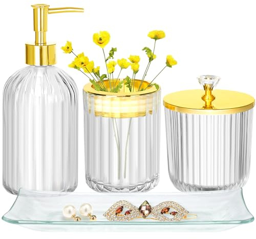 Ensemble d'accessoires de salle de bain 4 pièces en verre transparent et doré avec distributeur de savon lotion, support de brosse à dents, pot d'apothicaire, plateau de coiffeuse, décoration de salle