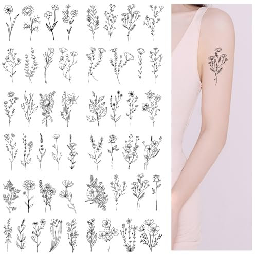Aikeis 50 fleurs noires tatouages ​​temporaires pour hommes femmes Bouquet petit tatouage temporaire plante sauvage autocollants de tatouage