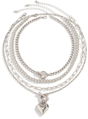 CYWQ 4pcs Layered Gold Necklaces for Women, Chunky Herringbone Paperclip Chain, Retro Coin Medallion Pendant for Teen Girls (Silver)