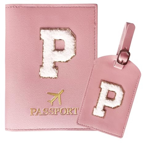 ZVRSUA Reisepasshülle Rosa und Kofferanhänger Set mit Buchstabe P, Passport Hülle Reise Gadgets und Travel Essentials Hülle Reisepass,Geschenk für Frauen/Teenager/Mädchen/Kind(P)