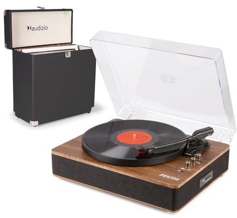 Fenton RP162 Modern Record Player with Built In Speakers, Bluetooth Output, USB Recording Function, Audizio RC32 Vinyl Case, Wood Finish Turntable Bundle