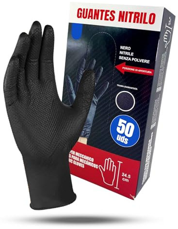 Acceseryx Guantes de Nitrilo Negro Mecánicos, Impermeables - Estructura de Diamante de Calidad, Caja de 50 Unidades (XL)