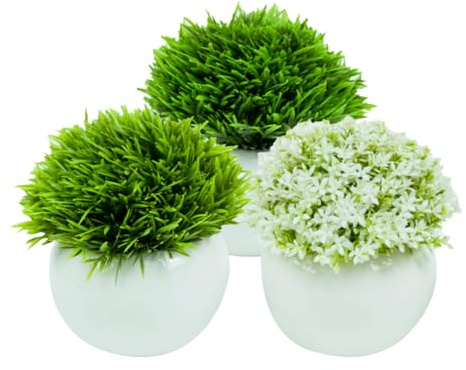 Airbirhom Set of 3 Artificial Potted Grass & Flower Plants in White Ceramic Pots – Mini Faux Greenery for Home Décor, Office, Desk, Table Centerpieces & Indoor Decorations