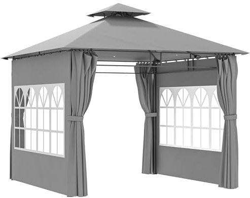 Outsunny 3 x 3 m Garden Gazebo, Double Roof Metal Gazebo with Removable Sidewalls and Church Windows, Outdoor Canopy Shelter, Light Grey