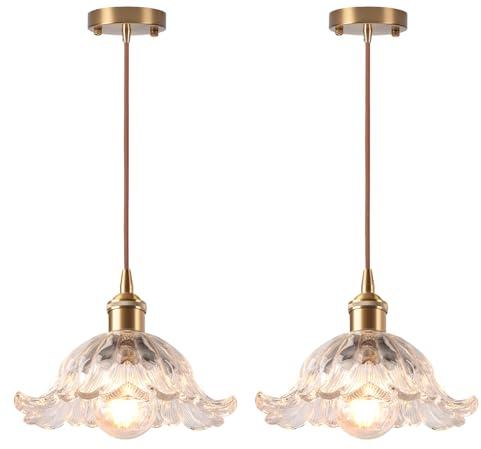 LIGKIN Juego de 2 lámparas colgantes vintage, industriales, E27, candelabro de flores creativas, pantalla de vidrio, lámpara de techo para cocina, comedor, dormitorio