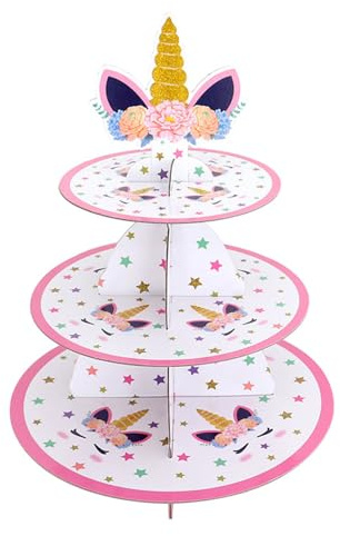 miaomiao Unicorn Cake Stand, 3 Tier Cupcake Stand, Unicorn Muffin Stand Made of Cardboard, Tower Holder, Round Unicorn Birthday Party Decorations for Girls and Children