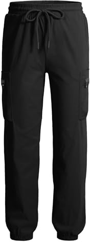 KEREDA Boys Waterproof Trousers Quick Dry Kids Cargo Jogger for Outdoor Regular Fit with Multi-Pockets Elasticated Waistband Drawstring Black Grey Age 7-13
