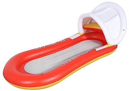 Aufblasbare Liege mit Sonnenschutz Zusammenklappbare Wasser Hängematte PVC Netz Schwimmendes Bett für Pool Strand oder See Abnehmbarem Sonnendach Orange