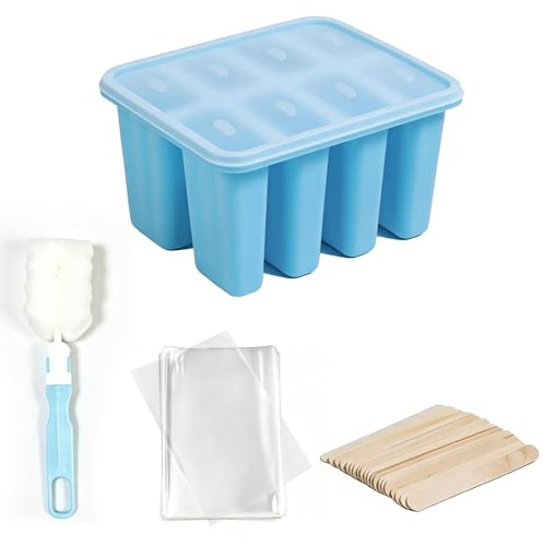 8 Cavities Reusable Silicone Ice Lolly Moulds with 90pcs Wooden Sticks | 100 Popsicle Bags, Ice Cream Moulds BPA Free Popsicle Mold Easy to Remove Ice Pop Maker for Kids Summer DIY Kitchen Tools