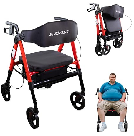 Mobiclinic®, Andador Bariátrico, Hasta 204 Kg, Plegable, Extra Ancho, Manillar y Asiento Regulable, Ruedas 360º, Respaldo, Cesta XL, Aluminio Reforzado, Madeira
