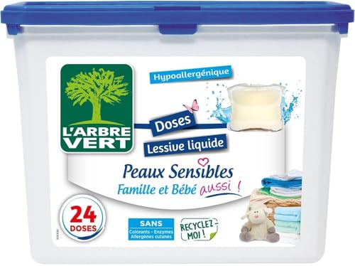 L'Arbre Vert Doses Lessive Liquide Peaux Sensibles Famille et Bébé aussi! - Hypoallergénique - 24 Doses (Lot de 5)