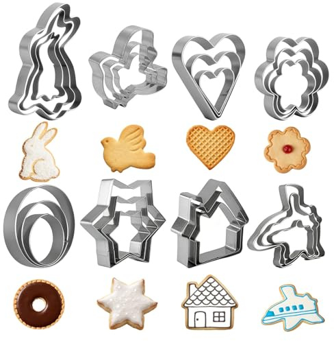 QEAS 24PCS Cookie Cutters Shapes Baking Set, 3 Star, 3 Heart, 3 Flowers, 3 Circles, 3 House, 3 Airplane, 3 Rabbit, 3 Pigeon Stainless Steel Biscuit Molds for Kitchen Baking, Birthday, Valentine's Day