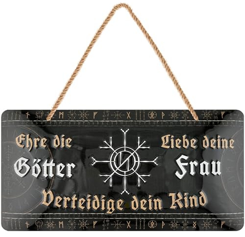 LANOLU retro Blechschild, Wikinger Schild mit Spruch Ehre die Götter Liebe deine Frau Verteidige dein Kind, nordische Deko Wanddeko mit Jutelkordel, 16x32 cm