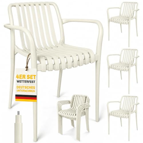 Outsunny Gartenstühle 4er Set Stapelbare 55 x 58,5 x 81,5 cm Cremeweiß | Terrassenstühle mit Lamelldesign Armlehnen, Ergonomisch, Balkonstühle bis 120 kg, Stapelstühle für Garten, Balkon, Terrasse