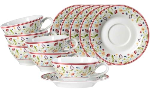 Ritzenhoff & Breker Shanti Ostfriese Teetassen mit Untertassen 6er Set, 100 ml, Flache Tassen mit Farbrand, Porzellan, Spülmaschinen- & Mikrowellenfest, Bunt