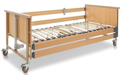 Burmeier SoNa24 Pflegebett Dali II - 90x200cm| Krankenbett | Seniorenbett | elektrisch verstellbares Krankenpflegebett mit Holzlattenrost, Seitengitter, Aufrichtbügel