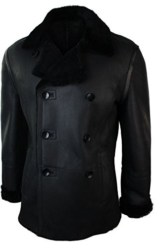 TruClothing.com Herren Lederjacke Schaffell Leder Schwarz Shearling Winterjacke Lang Doppelgesteppt Warm Schafsleder Jacke