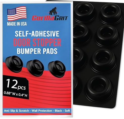 GorillaGrit Small Black Door Knob Bumpers (Set of 12) Self-Adhesive Door Stoppers Wall Protectors, Isolation Rubber Feet for Speakers, Electronics, Furniture