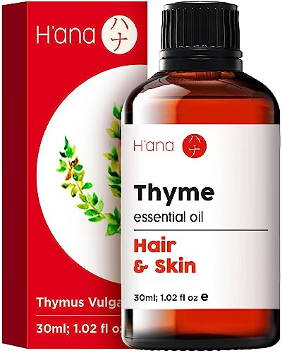 H’ana Ätherisches Thymianöl für das Haarwachstum – 100% reines Thymianöl in therapeutischer Qualität für die Haut – Ätherisches Thymianöl gegen Schnarchen & Diffusor (30 ml)