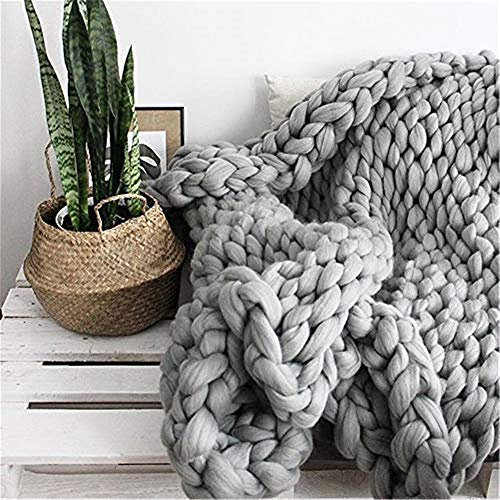 Hava Kolari Strickdecke, grob gestrickte Wolldecke als Überwurf fürs Sofa- oder Tagesdecke (Hellgrau,50 * 50cm)