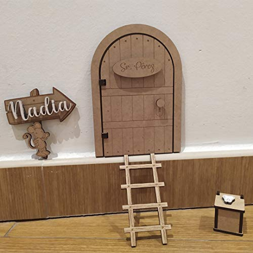 Puerta RATONCITO PEREZ de madera con puerta que se abre, personalizada con 1 NOMBRE de niño o niña