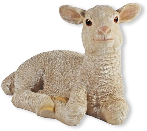 Fachhandel Plus Schaf Figur Lamm Nancy liegend – wetterfeste Dekofigur aus Polyresin – handbemalte Gartenfigur für Haus, Terrasse, Beet & Krippe – naturgetreue Tierfigur