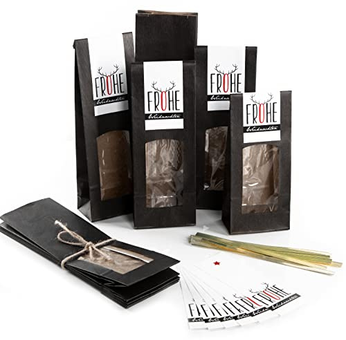 Logbuch-Verlag 10 schwarze Papiertüten mit Fenster & Folieneinlage + Clips + Banderole FROHE WEIHNACHTEN Geweih weiß rot - Weihnachtsverpackung