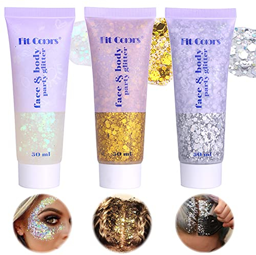 Miioto Purpurina Cara, Maquillaje Festival, Purpurina Polvo, glitter para Ojos, gel Brillo Corporal, Glitter Cara Gel, Body Glitter Gel, El Pelo, Maquillaje, Halloween, Niños, Festival, 3 Colores