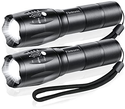 flintronic Torcia LED Potente Professionale,2 Pezzi Super Luminoso Torcia Elettrica, 5 Modalità IP67 Impermeabile Flashlight, Zoomabile Impermeabile Torcia Tattica Militare per Campeggio, Outdoor