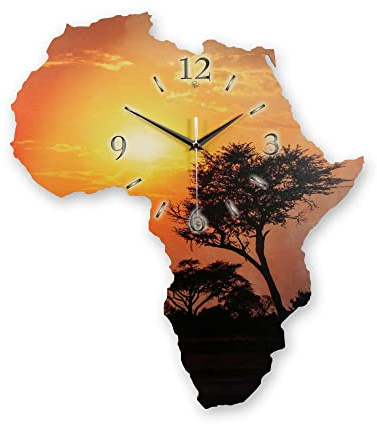 Kreative Feder Designer-Wanduhr „Afrika“ in Landkarten-Form mit Motiv - Größe ca. 50x45 cm geräuschlos analog (leises Funkuhrwerk, Baum)