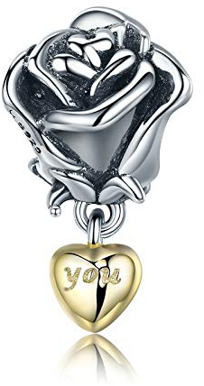 Charm La Belle et la Bête Bourgeon Rose Coeur Amour pendentif en argent 925 - Les Folies (Modèle Pandora), Argent sterling, Zircone cubique