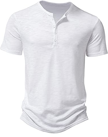 Men's Casual Grandad Collar Henley T Shirt Muscle Fit Summer Smart Short Sleeve 4 Buttons Tee Slim Fitted Collarless Polo T-Shirts Tops-White-M