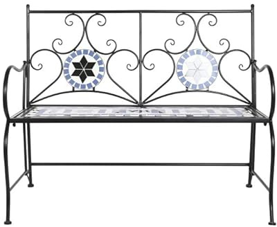 Banco de forja para Patio o Jardin Negro con Respaldo y Asiento de Mosaico 200X100X75 cm Mesa y Cristal de 5 mm