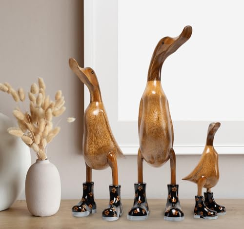 Rikmani - Holzfigur Ente Stiefel SCHWARZ GEBLÜMT 100% Natur Original - Handgefertigte Figur aus Holz 32 cm