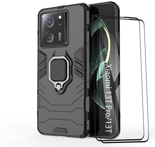 ESTH® Funda para Xiaomi 13T Pro/Xiaomi 13T con 2 Piezas Protector de Pantalla, Giratorio Soporte de 360°, Compatible con Soporte Magnético para Coche, Carcasa Negro